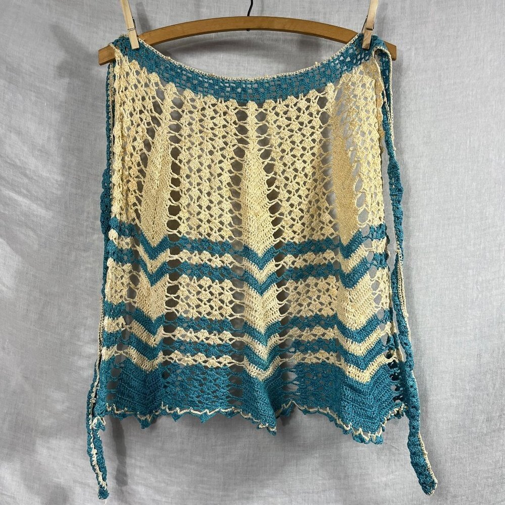 Vintage Hand Crocheted Waist Apron Womens S Retro 60s Blue Ivory‎ Doily Grandma